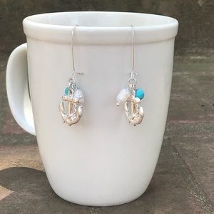 Silver and Turquoise Faux Pearl Anchor Earrings